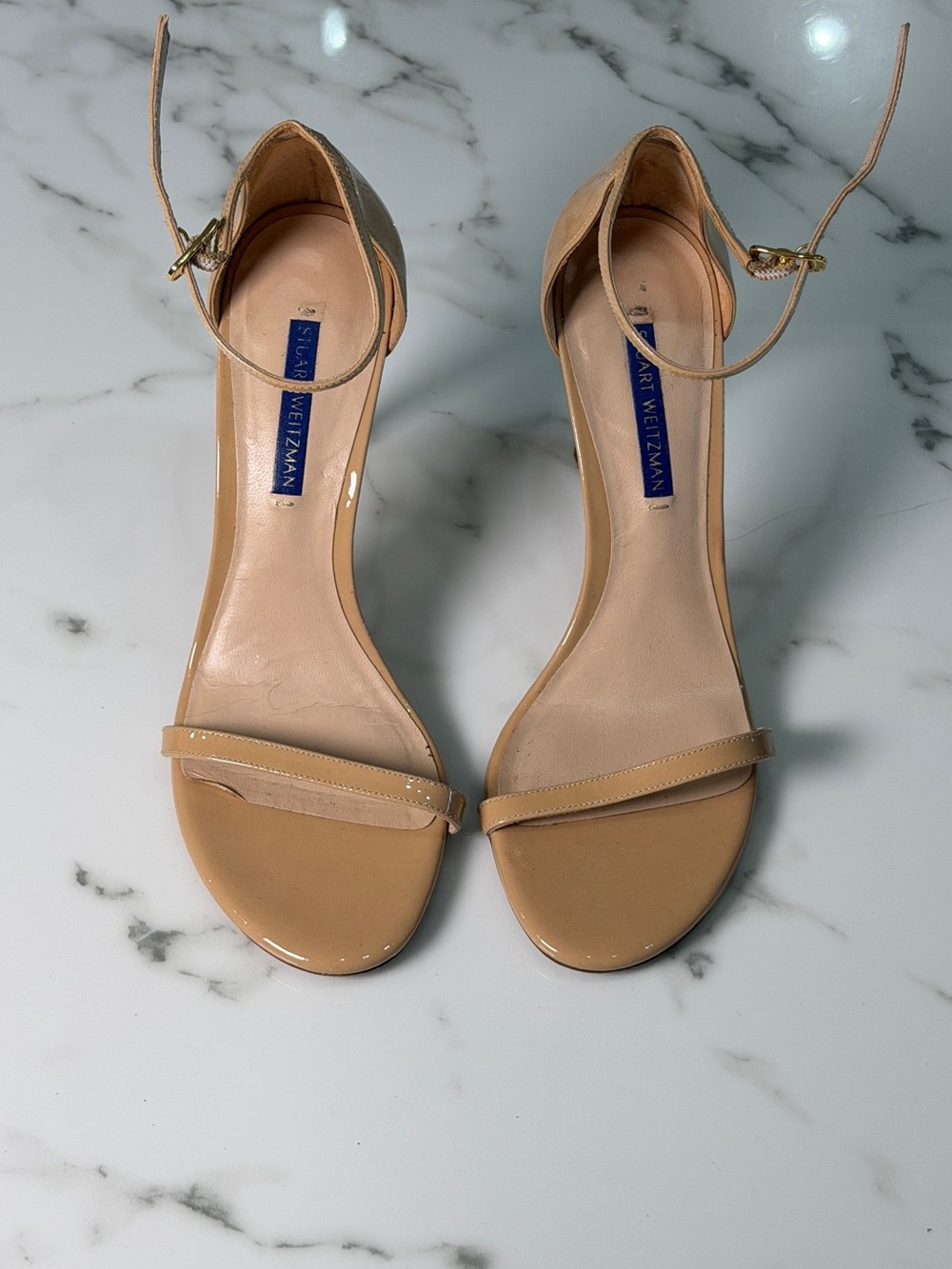 Stuart Weitzman Nude Patent Leather Ankle Strap Heels Size 7.5